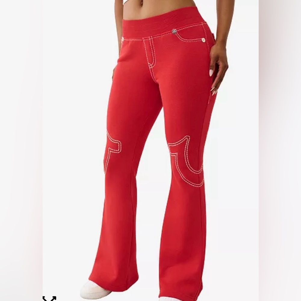 True Religion Women Anniversary Big T Flare Pants NWOT Red L XL Horseshoe $119